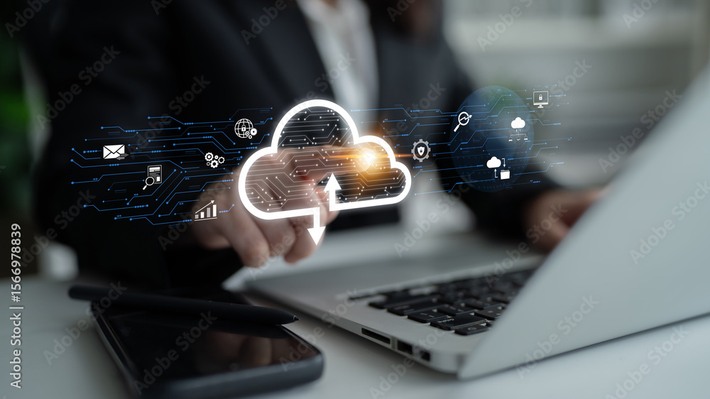 Poster cloud computing enables digital growth with secure data storage, scalable infrastructure, and strate