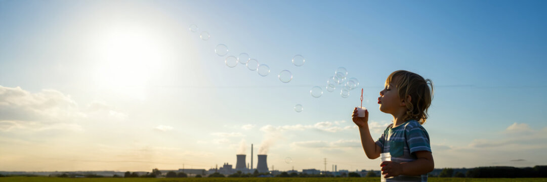 Young caucasian boy striped shirt blowing soap bubbles outdoor sunny day childhood activities. Child playing garden backyard creating floating spheres. Carefree summer fun concept - Powered by Adobe