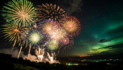 Celebrate with Colorful Fireworks Display in the Night Sky above town