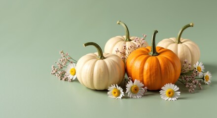 Autumn pumpkins white orange gourds daisies flowers arranged green background seasonal harvest decoration. Fall centerpiece thanksgiving table setting festive arrangement. Holiday home decor concept