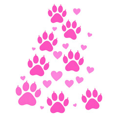 Valentine’s Day Dog Paw Trail with Pink Hearts, Vector Clipart