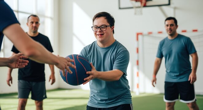 Young man down syndrome playing basketball gym with teammates inclusive sports program. Special needs athlete participating team activities fitness training. Disability inclusion concept banner