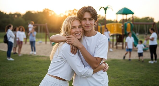 Happy teenage couple embracing outdoors sunset golden hour lighting playground background. Young love relationship romantic moment together. Youth romance concept banner