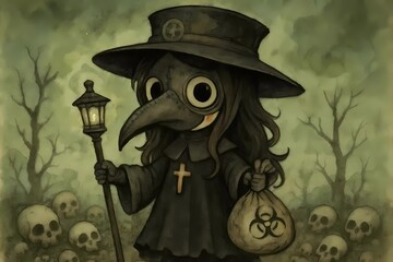 Art illustration: cartoon girl as a plague doctor (plague). Theme - four horsemen of the apocalypse