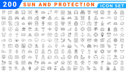 summer line editable icon set. Containing holidays, beach, adventure, travel, summer camp, etc. Editable stroke. Vector illustration