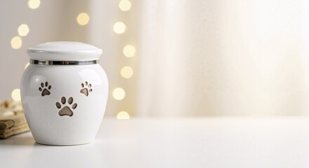 Pet cremation urn with paw prints on warm bokeh lights background memorial concept. Animal remembrance ceremony peaceful farewell beloved companion. Veterinary bereavement services banner