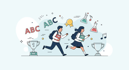 Excited students running to school with backpacks and books ready for learning adventure