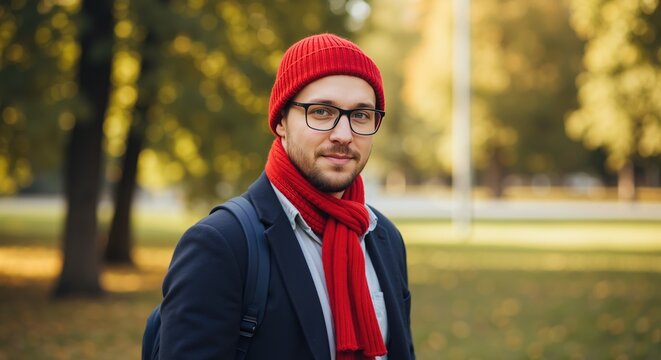 Caucasian man red beanie scarf autumn park setting smiling confidently outdoor portrait. Adult male casual winter clothing seasonal fashion lifestyle. Cold weather concept banner