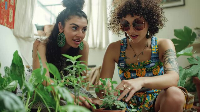 Young trans individuals gardening together in a cozy home environment while nurturing small plants, Young transsexual gardening small plants at home with her friend of indigenous ethnicity