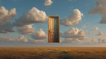 Surreal image of a wooden door floating in a cloud filled sky