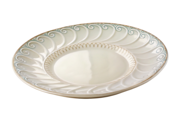 Elegant ceramic plate with intricate swirl design on white background for kitchen decor