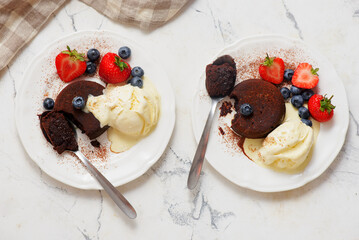 Chocolate Fondant with Vanilla Ice Cream and Strawberries