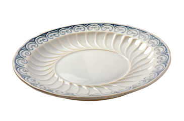Elegant white ceramic plate with blue decorative pattern around the edge on white background