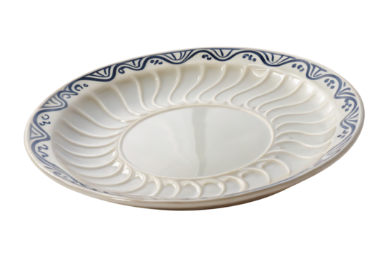 Elegant white plate with blue floral pattern and textured design on the rim and smooth center