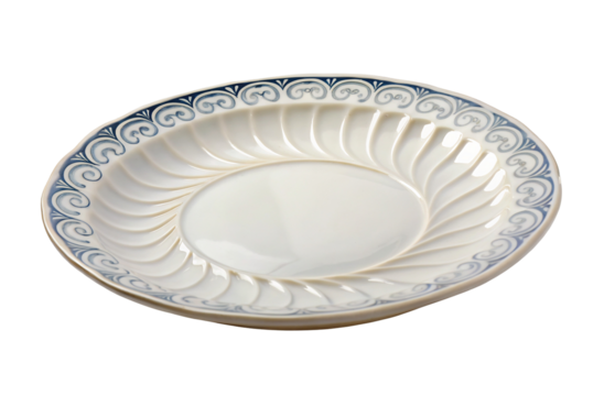 Elegant white ceramic plate with blue decorative pattern around the edge on white background
