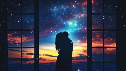 Starry night view through window featuring an anime couple sharing a romantic moment in a timeless setting, Starry night view through window with anime couple silhouette Romantic evening background