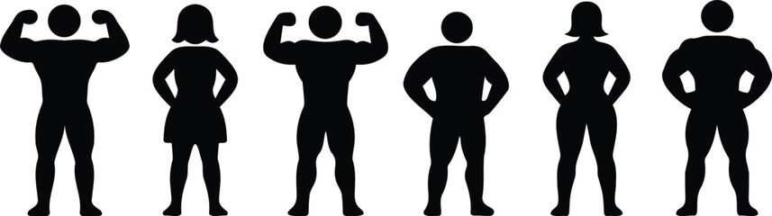 Stickman silhouettes of male and female bodybuilders flexing muscles in fitness and strength poses in bold black vector style