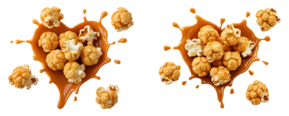 caramel-coated popcorn with heart-shaped caramel splash isolated