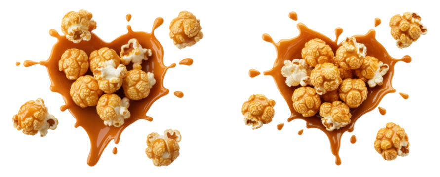 caramel-coated popcorn with heart-shaped caramel splash isolated