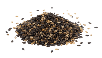 A mixed heap of black and white sesame seeds on a plain white background showing variety and texture