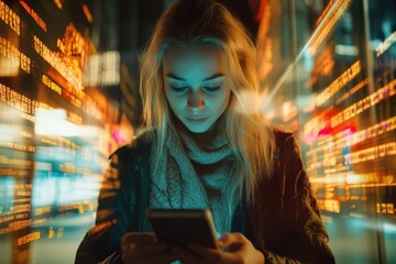 Financial data processing by a woman in a city setting at night with vibrant lights, financial data processing over caucasian woman using smartphone