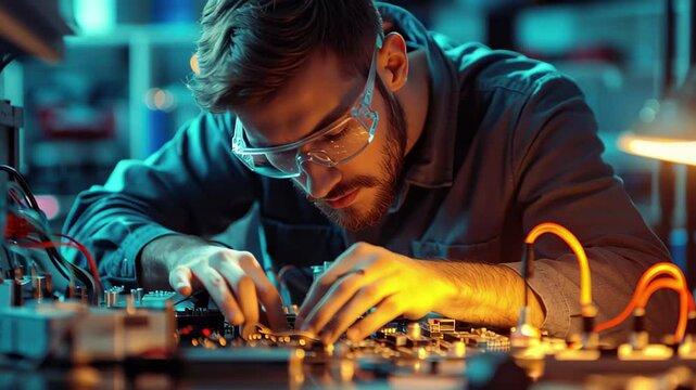 Electronics engineer tests circuit boards in a lab during nighttime to ensure functionality and performance, Electronics engineer working in lab building and testing electronic devices