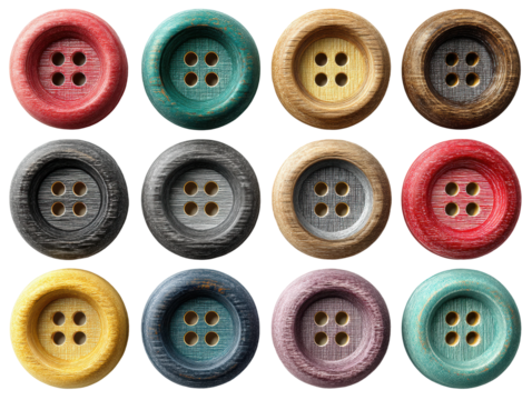 Colorful wooden buttons display craft workshop product bright textile design isolated on transparent background