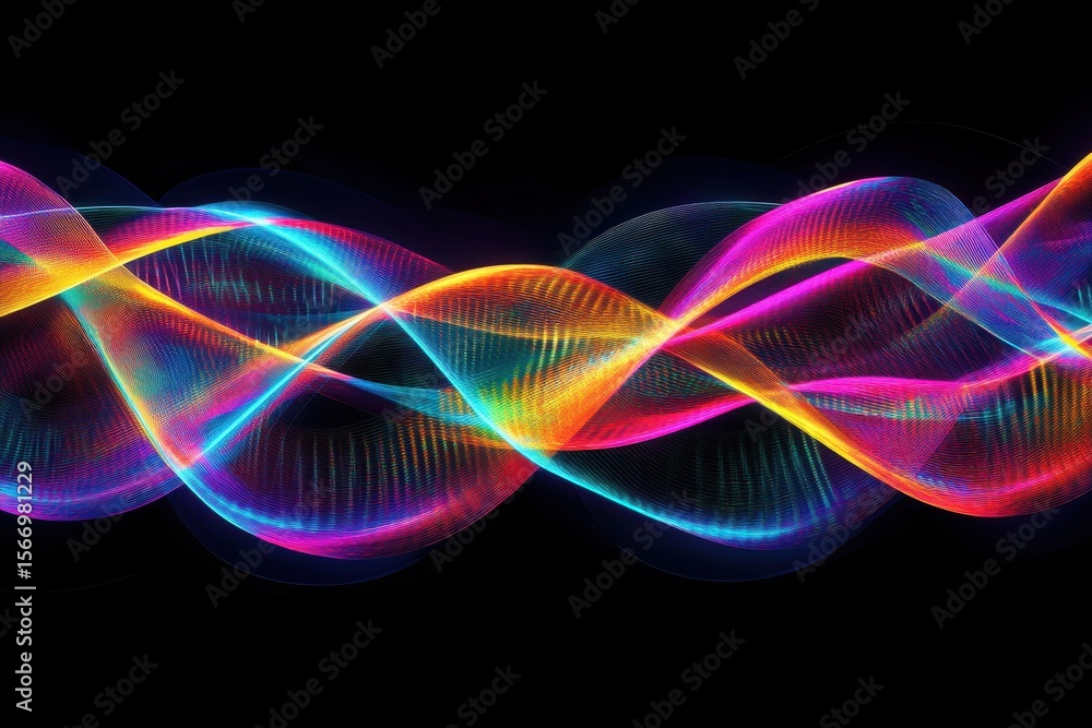 Poster glowing neon waves flow across a black background creating a mesmerizing display of color and light,