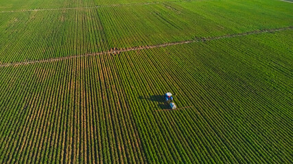 Tractor fumigating a cultivated field. Aerial view.