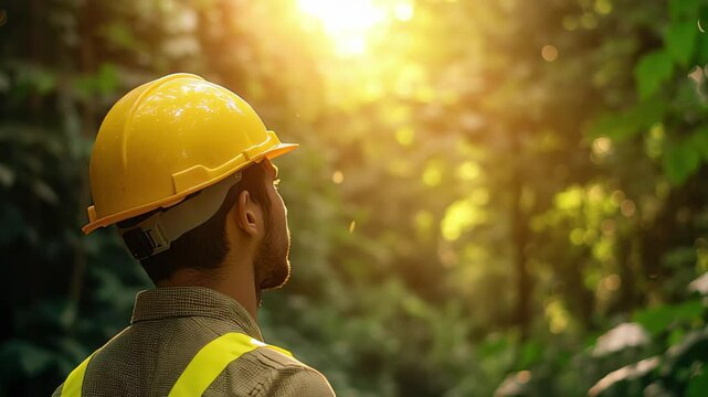 Worker in yellow hardhat observing nature during sunset in a lush forest environment, Worker in yellow hardhat outdoors with nature backdrop
