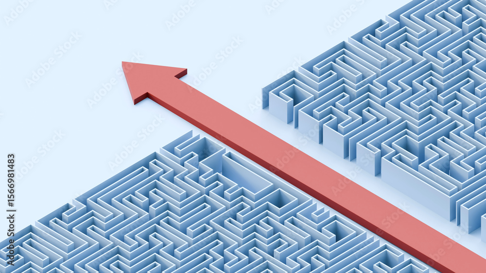 Poster Business problems and solution concept. Labyrinth concept. Maze side view structure. Perspective view of an 3d rendered maze. Labyrinth with red arrow.