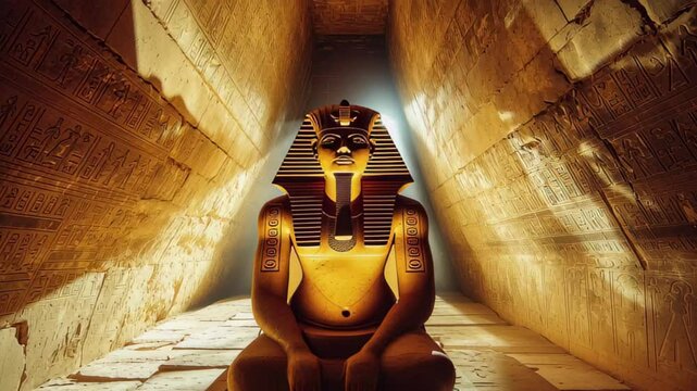 Mysterious artifacts glow in ancient pyramid chamber dedicated to Amon Ra, Mysterious pyramid chamber, artifacts glow, Amon Ra's statue gaze