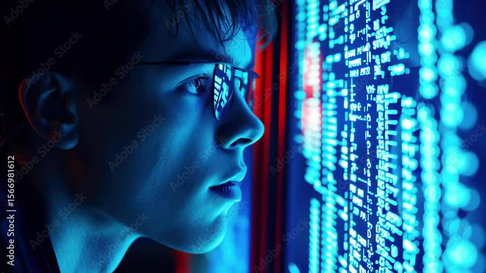 Poster ominous hacker focused on digital manipulation in a dark environment during nighttime, portray the o