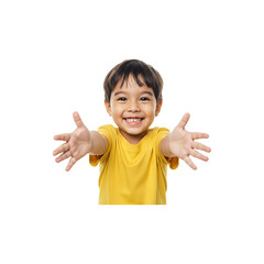 Energetic boy in yellow shirt reaching out playfully with excitement or joy.