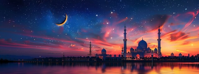 Panoramic view of an Islamic mosque at dusk, with a beautiful sunset transitioning into a starry night with a crescent moon.