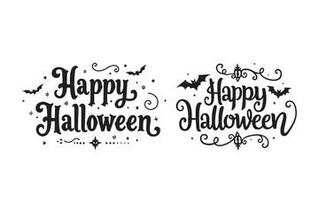 Elegant black happy halloween calligraphy with bats and stars