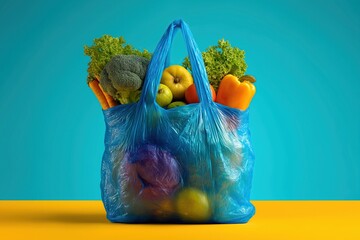 A blue plastic bag filled with fresh vegetables and fruits placed on a yellow table against a blue background, showcasing a minimalist grocery shopping concept for home cooking or restaurant dining