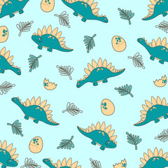 Fototapeta premium green background seamless vector cartton design of cute stegosaurus dinosaur for fullprint kids apparel