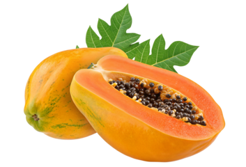 Fresh ripe papaya with vibrant seeds and green tropical leaves on white background for healthy diet