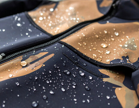 A close-up of a camouflage-patterned wetsuit texture, with subtle water droplets clinging to the neoprene fabric.