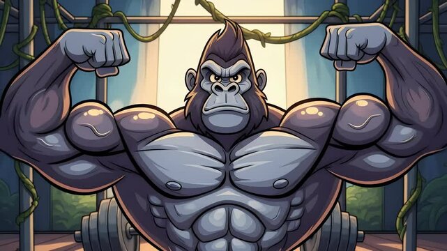 Cartoon gorilla bodybuilder flexing in animated jungle gym for fun animal fitness content