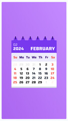February 2024 calendar. Purple calendar story. 2024 Weekend on sunday and saturday. Monthly layout. Date of calendar february 2024. Vector illustration.
