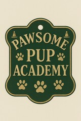 Unique green sign promoting a dog training academy with playful design and paw prints displayed outdoors