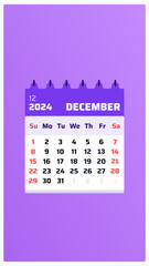 December 2024 calendar. Purple calendar story. 2024 Weekend sunday and saturday format. Layout sheet. Calendar date design dec 2024. Vector illustration.

