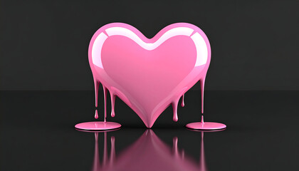 Vibrant pink heart drips with liquid on glossy black surface, creating striking contrast and emotional expression of love