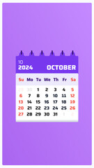 October 2024 calendar. Purple calendar story. 2024 Weekend includes sunday and saturday. Grid template. October 2024 calendar date sheet. Vector illustration