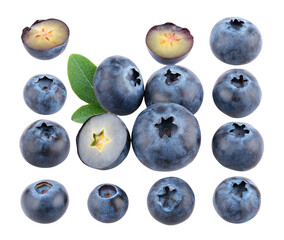 Obraz premium Fresh whole and sliced blueberries with green leaves on white background close-up fruit display