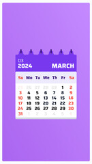 March 2024 calendar. Purple calendar story. 2024 Weekend includes saturday and sunday. Planner template. Monthly calendar view march 2024. Vector illustration.

