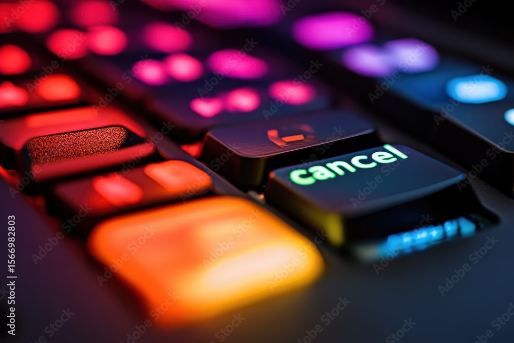 Poster colored keyboard keys with highlighted cancel button in a modern workspace setting, the colored keyb