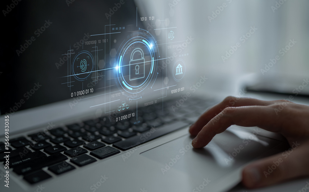 Poster cybersecurity system interface with biometric lock and data protection. cybersecurity protects acces